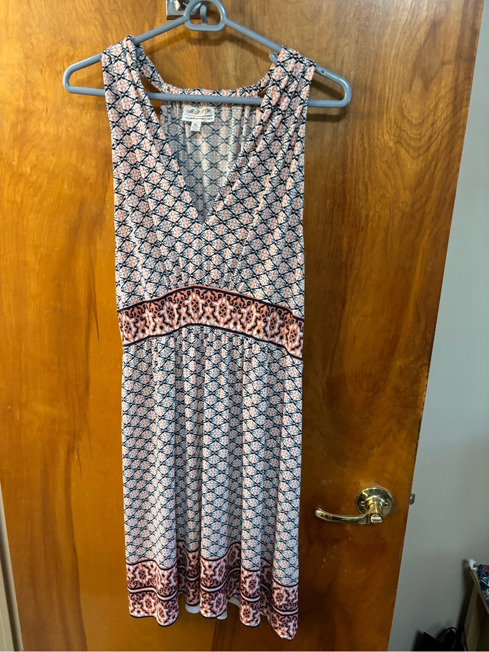 American Living Sleeveless V-Neck Midi Dress in Pink and Navy Geometric Print